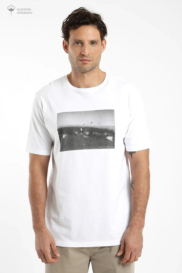 Polera manga corta Foto océano blanco
