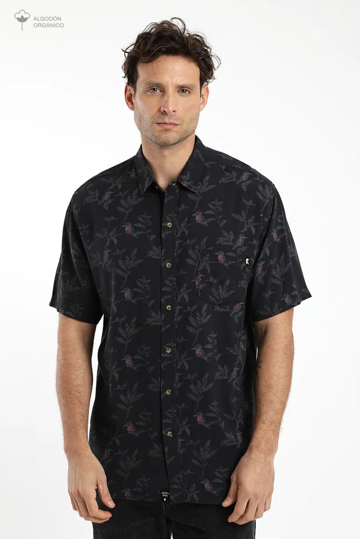 Camisa hombre manga corta Viscosa Martín pescador negro - Viscosa