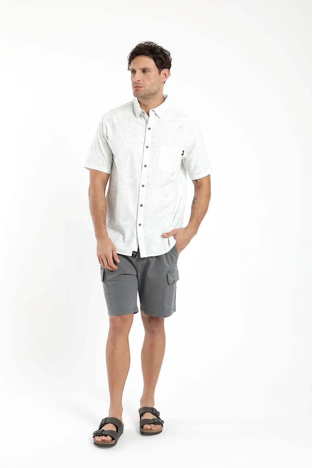 Camisa hombre manga corta Texture monstera gris - Algodón orgánic
