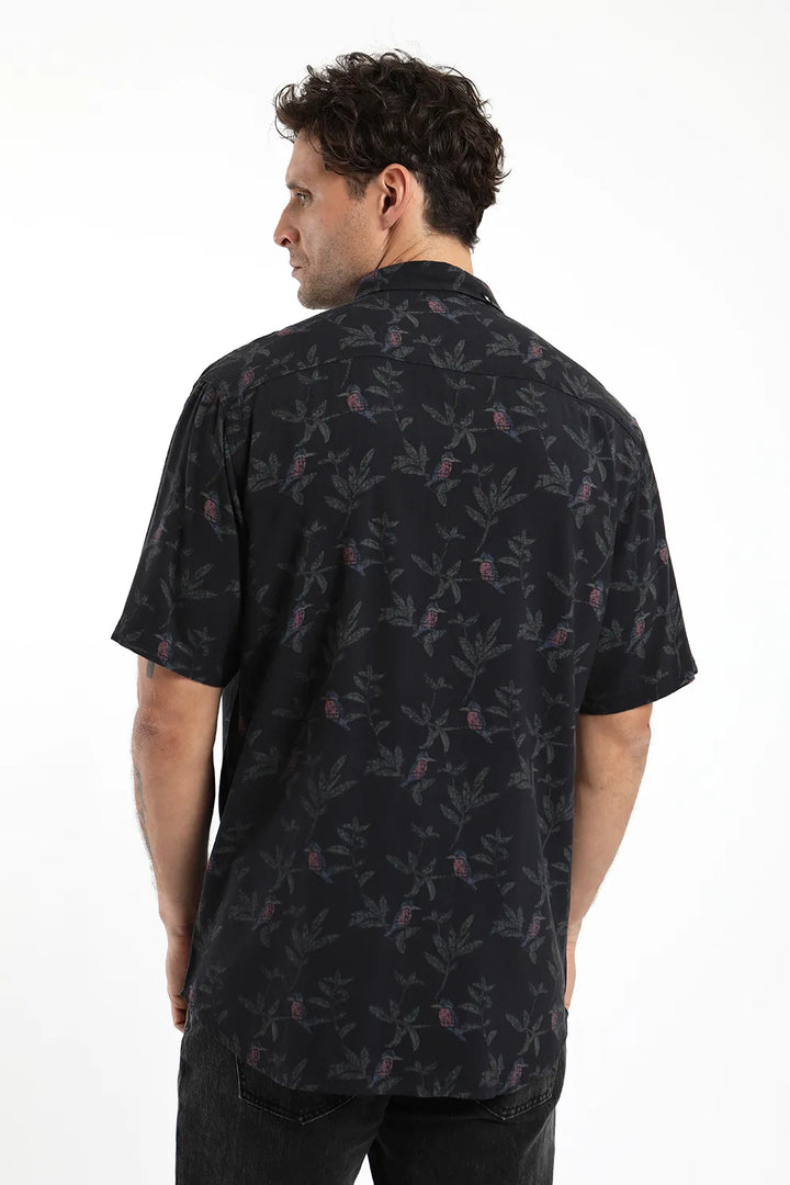 Camisa hombre manga corta Viscosa Martín pescador negro - Viscosa
