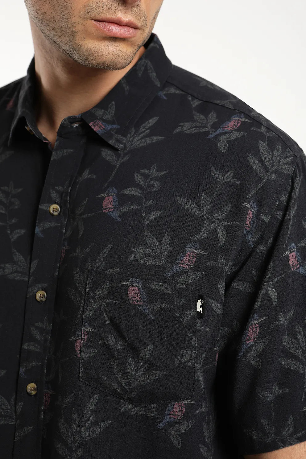 Camisa hombre manga corta Viscosa Martín pescador negro - Viscosa